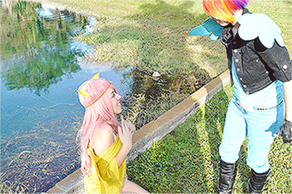 Size: 410x272 | Tagged: artist needed, source needed, safe, artist:yurihooves, artist:yuripaws, character:fluttershy, character:rainbow dash, species:human, ship:flutterdash, animated, cosplay, female, irl, irl human, kissing, lesbian, photo, shipping