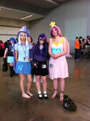 Size: 956x1280 | Tagged: artist needed, source needed, safe, character:princess cadance, character:trixie, character:twilight sparkle, species:human, clothing, cosplay, irl, irl human, mary janes, photo, sandals, skirt, sunglasses