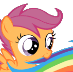 Size: 150x149 | Tagged: artist needed, source needed, safe, character:rainbow dash, character:scootaloo, species:pegasus, species:pony, :t, animated, chewing ponies, cute, cutealoo, duo, female, filly, nom, simple background, tail, tail bite, tail chewing, taste the rainbow, transparent background