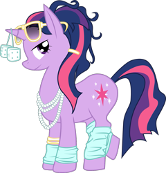 Size: 1563x1627 | Tagged: artist needed, source needed, safe, character:twilight sparkle, 80s, alternate hairstyle, fuzzy dice, leg warmers, simple background, solo, sunglasses, transparent background, vector
