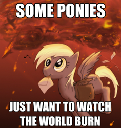 Size: 377x400 | Tagged: artist needed, source needed, safe, character:derpy hooves, species:pegasus, species:pony, female, image macro, mare, meme, solo, some men just want to watch the world burn, the dark knight, watch the world burn