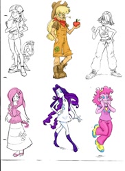 Size: 900x1238 | Tagged: artist needed, source needed, safe, artist:envyskort, character:applejack, character:fluttershy, character:pinkie pie, character:rainbow dash, character:rarity, character:spike, character:twilight sparkle, bandana, belly button, book, clothing, dress, high heels, humanized, mane seven, mane six, midriff, overalls, partial color, sandals, shoes, sketch dump, skirt, sneakers, sweater, sweatershy, sweatpants, tank top