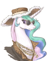 Size: 865x1080 | Tagged: artist needed, source needed, safe, character:princess celestia, clothing, hat, necklace, pimp, pimplestia, solo