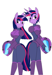 Size: 1788x2583 | Tagged: artist needed, source needed, safe, character:twilight sparkle, oc:dusk shine, species:anthro, flight suit, mecha, rule 63, space suit, wip
