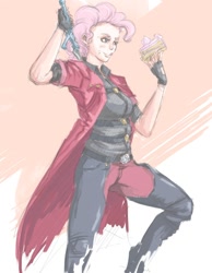 Size: 756x972 | Tagged: artist needed, safe, character:pinkie pie, /mlp/, cake, cosplay, dante (devil may cry), devil may cry, devil may cry 4, drawfriend, drawthread, humanized, request, sword