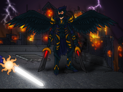 Size: 4000x3000 | Tagged: artist needed, safe, oc, oc only, fanfic:the lost element, absurd resolution, antagonist, armor, city, dark, explosion, fire, glow, implied princess celestia, lightning, mane, manehattan, mask, nonbeing, scary, sword, warrior, weapon, wings