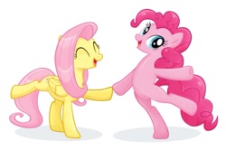 Size: 1187x787 | Tagged: artist needed, source needed, safe, artist:catwhitney, character:fluttershy, character:pinkie pie, species:earth pony, species:pegasus, species:pony, g4, bipedal, dancing, female, mare, open mouth, simple background