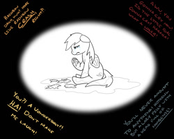 Size: 1280x1024 | Tagged: artist needed, safe, character:rainbow dash, bullying, crying, disembodied thoughts, monochrome, sad, solo, text