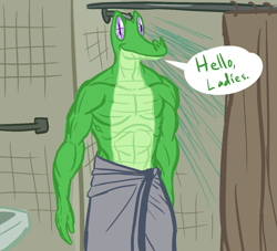Size: 1100x1000 | Tagged: artist needed, safe, character:gummy, species:anthro, abs, alligator, anthro pets, bare chest, dialogue, isaiah mustafa, male, old spice guy, sexy, shower, solo, speech bubble, towel