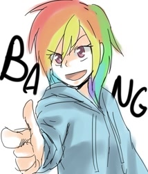 Size: 600x700 | Tagged: artist needed, source needed, safe, character:rainbow dash, species:human, bang, clothing, female, hoodie, humanized, solo