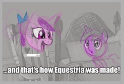 Size: 785x530 | Tagged: artist needed, safe, character:princess cadance, character:twilight sparkle, species:alicorn, species:pony, species:unicorn, bed, bedtime story, book, cadance's bedtime stories, chair, duo, exploitable meme, filly, filly twilight sparkle, horn, image macro, looking up, meme, pillow, text, younger