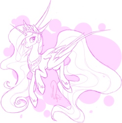 Size: 798x800 | Tagged: artist needed, source needed, safe, character:princess celestia, species:alicorn, species:pony, abstract background, blushing, female, horn, jewelry, monochrome, regalia, sketch, smiling, solo, spread wings, wings