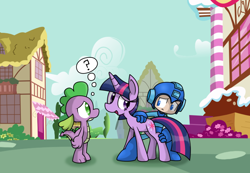 Size: 850x587 | Tagged: artist needed, source needed, useless source url, safe, character:spike, character:twilight sparkle, :<, crossover, frown, megaman, question mark, scared