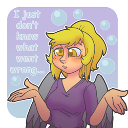 Size: 500x500 | Tagged: artist needed, dead source, safe, character:derpy hooves, species:human, ask-humanderpy, colored pupils, female, human derpy, humanized, i just don't know what went wrong, ponytail, shrug, solo, winged humanization, wings