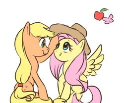 Size: 600x500 | Tagged: artist needed, safe, character:applejack, character:fluttershy, ship:appleshy, accessory swap, blushing, female, lesbian, shipping, simple background