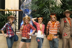 Size: 960x640 | Tagged: artist needed, safe, artist:colorguardgurl42, artist:xiggypiggy, character:applejack, species:human, anime weekend atlanta, applejack (male), clothing, convention, cosplay, gloves, group photo, hat, irl, irl human, jeans, photo, rule 63, suit