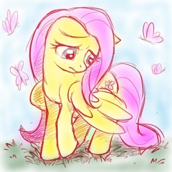 Size: 700x700 | Tagged: artist needed, safe, character:fluttershy, butterfly, cute, frown, grass, looking away, raised hoof, shy, shyabetes, solo, spread wings, wings