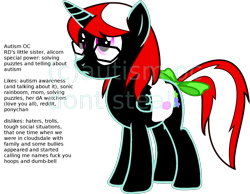 Size: 2000x1554 | Tagged: artist needed, safe, oc, oc only, species:alicorn, species:pony, alicorn oc, autism, bow, donut steel, familiar, female, glasses, mare, red and black oc, saddle bag, solo, tail bow, text, vulgar