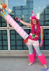 Size: 1436x2048 | Tagged: artist needed, safe, character:pinkie pie, species:human, anime expo, clothing, cosplay, hat, irl, irl human, leg warmers, partillery, party cannon, party hat, photo, solo