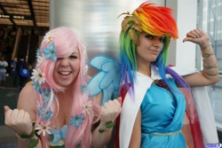 Size: 2048x1364 | Tagged: artist needed, safe, artist:ladymella, character:fluttershy, character:rainbow dash, species:human, anime expo, clothing, cosplay, dress, gala dress, irl, irl human, photo