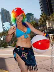 Size: 775x1024 | Tagged: artist needed, safe, character:rainbow dash, species:human, abs, belly button, bikini, clothing, cosplay, irl, irl human, photo, san diego comic con, sarong, solo, swimsuit