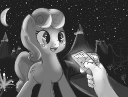 Size: 794x605 | Tagged: artist needed, source needed, safe, character:bon bon, character:sweetie drops, species:human, drawfag, glow, grand galloping gala, hand, monochrome, presenting, ticket