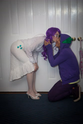 Size: 3162x4743 | Tagged: artist needed, safe, artist:kagina, character:rarity, character:spike, species:human, ship:sparity, 2012, anime conji, bent over, clothing, convention, cosplay, female, gem, glasses, high heels, hoodie, irl, irl human, kissing, kneeling, male, photo, present, shipping, straight