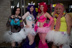 Size: 2048x1365 | Tagged: artist needed, safe, artist:wakogeek, character:fluttershy, character:pinkie pie, character:rarity, species:human, belly button, bellyring, clothing, cosplay, fishnets, irl, irl human, leg warmers, midriff, momocon, photo, skirt, tutu
