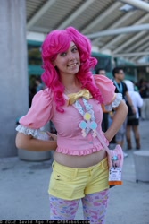 Size: 1365x2048 | Tagged: artist needed, safe, character:pinkie pie, species:human, 2012, anime expo, bow, clothing, cosplay, harajuku tights, irl, irl human, midriff, muffin top, photo, shorts