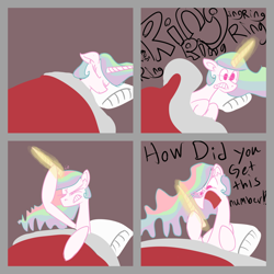 Size: 3500x3500 | Tagged: artist needed, safe, character:princess celestia, angry, bed, comic, eyes closed, gritted teeth, horn, magic, modular, nose wrinkle, open mouth, phone, sleeping, surprised, wide eyes, yelling