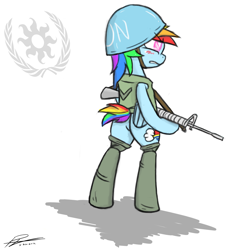 Size: 1280x1415 | Tagged: artist needed, safe, character:rainbow dash, species:pegasus, species:pony, ask islamashy, bipedal, boots, female, gun, helmet, m16, mare, military, rifle, shoes, signature, simple background, solo, united nations, weapon, white background