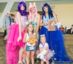 Size: 3734x3264 | Tagged: artist needed, safe, character:fluttershy, character:rarity, character:twilight sparkle, species:human, book, bronycon, bronycon 2013, child, clothing, convention, cosplay, dress, irl, irl human, photo, target demographic