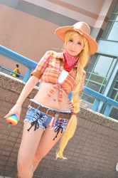 Size: 1277x1920 | Tagged: artist needed, safe, artist:astrid riddle, character:applejack, species:human, bandana, belly button, clothing, cosplay, daisy dukes, front knot midriff, irl, irl human, midriff, photo, solo, zap apple