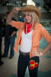 Size: 3162x4743 | Tagged: artist needed, safe, character:applejack, species:human, bandana, clothing, comikaze expo, convention, cosplay, irl, irl human, jeans, photo