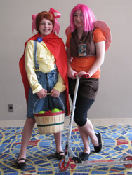 Size: 2736x3648 | Tagged: artist needed, safe, artist:raeraecosplay, character:apple bloom, character:scootaloo, species:human, species:pegasus, species:pony, cape, clothing, convention, cosplay, irl, irl human, momocon, momocon 2012, overalls, photo, scooter, target demographic
