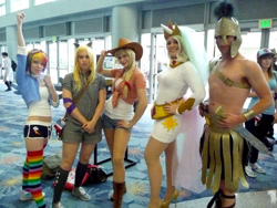 Size: 1024x768 | Tagged: artist needed, safe, artist:donknnj, character:applejack, character:derpy hooves, character:princess celestia, character:rainbow dash, species:human, convention, cosplay, irl, irl human, midriff, photo, royal guard, wondercon, wondercon 2012
