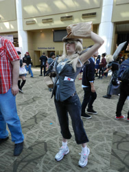 Size: 3000x4000 | Tagged: artist needed, safe, character:derpy hooves, species:human, 2012, clothing, convention, cosplay, glasses, irl, irl human, paper bag, paper bag wizard, photo, sakura con, vest