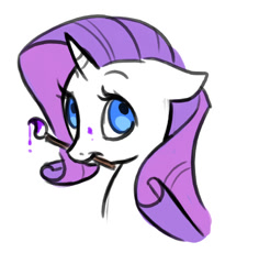 Size: 489x519 | Tagged: source needed, safe, artist:drawhooves, character:rarity, bust, floppy ears, looking at you, mouth hold, paintbrush, portrait, simple background, smiling, solo