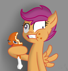 Size: 427x444 | Tagged: artist needed, safe, character:scootaloo, species:pegasus, species:pony, autocannibalism, cannibalism, chickun, derp, drumstick, eating, exploitable meme, food, forced meme, gritted teeth, meat, meme, ponies eating meat