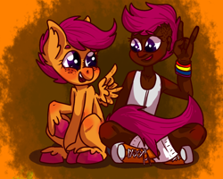 Size: 1000x800 | Tagged: artist needed, safe, character:scootaloo, species:human, species:pegasus, species:pony, ask ftm scootaloo, breast binding, clothing, dark skin, human ponidox, humanized, socks, transgender, wing hands