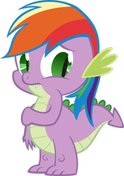Size: 704x1000 | Tagged: artist needed, safe, artist:kalleflaxx, character:rainbow dash, character:spike, species:dragon, background removed, embarrassed, female, hand on arm, male, mane swap, new rainbow dash, rainbow hair, simple background, solo, spike is the new rainbow dash, transparent background, vector, wig
