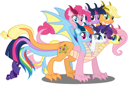 Size: 1024x700 | Tagged: artist needed, safe, character:applejack, character:fluttershy, character:pinkie pie, character:rainbow dash, character:rarity, character:twilight sparkle, appleflaritwidashpie, ask hydra mane 6, elements of harmony, fusion, hilarious in hindsight, hydra, hydra pony, hydrafied, looking at you, mane six, mane six hydra, multiple heads, simple background, six heads, species swap, this isn't even my final form, tiamat, vector, we have become one, what has science done, white background, you need me