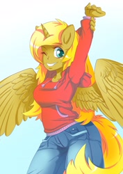 Size: 3508x4961 | Tagged: artist needed, source needed, safe, oc, oc only, oc:ticket, species:alicorn, species:anthro, species:pony, alicorn oc, anthro oc, clothing, hoodie, human facial structure, jeans, solo, stretching