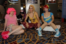 Size: 2048x1365 | Tagged: artist needed, safe, artist:burloire, artist:rose0fmay, character:applejack, character:pinkie pie, character:rainbow dash, character:twilight sparkle, species:human, book, clothing, cosplay, dragoncon, dragoncon 2012, glasses, irl, irl human, photo, pillow, reading, sitting, sleepover, slippers