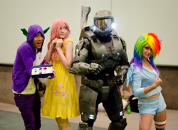 Size: 3959x2899 | Tagged: artist needed, safe, artist:ladymella, character:fluttershy, character:rainbow dash, character:spike, species:human, anime expo, anime expo 2012, arby n the chief, cosplay, crossover, gem, halo (series), irl, irl human, master chief, photo
