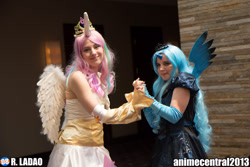Size: 2048x1365 | Tagged: artist needed, safe, character:princess celestia, character:princess luna, species:human, anime central, anime central 2013, clothing, convention, cosplay, fingerless elbow gloves, irl, irl human, photo