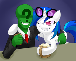 Size: 1400x1139 | Tagged: artist needed, safe, character:dj pon-3, character:vinyl scratch, oc, oc:anon, cider, drink