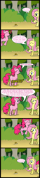 Size: 670x2950 | Tagged: artist needed, safe, character:fluttershy, character:pinkie pie, species:earth pony, species:pegasus, species:pony, comic, dialogue, duo, emotional spectrum, female, forest, mare, outdoors, pronking, snail, speech bubble