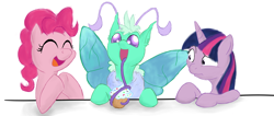 Size: 1574x668 | Tagged: artist needed, safe, character:pinkie pie, character:twilight sparkle, oc, species:mothpony, cupcake, drink, happy, original species, smiling, table, tentacle tongue, tongue out