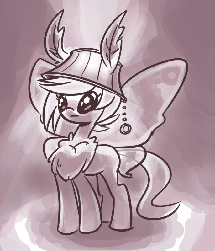 Size: 686x800 | Tagged: artist needed, safe, oc, oc only, oc:lamp, species:mothpony, animated, butterfly wings, chest fluff, clothing, female, grayscale, hat, lamp, lampshade, lampshade hat, monochrome, original species, solo